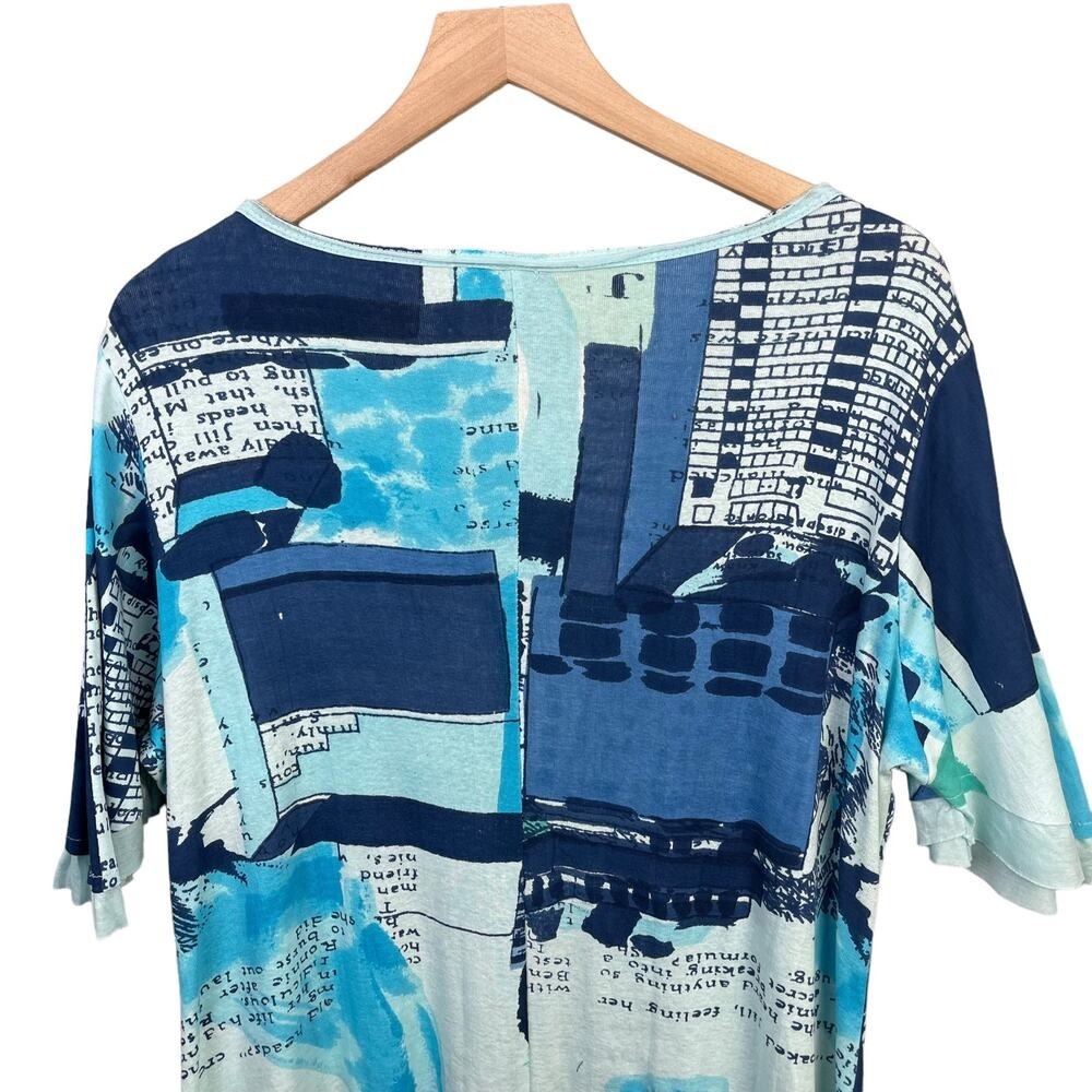 Anuna's Blue Abstract Newspaper Print Ruffle Handkerchief Tunic XL Lagenlook - Picture 5 of 10